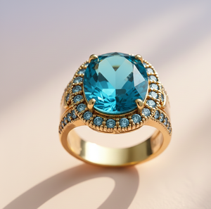 Anillo Ovalado de Topacio Azul de Diseño con Circonitas Cúbicas en Plata de Ley 925 Chapada en Oro de 18K, Regalo para Ella para Ocasiones Especiales - Product Image 4