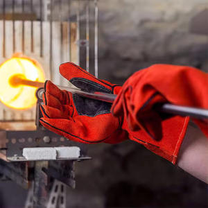 Guantes de soldadura de palma roja resistentes al calor/guantes de soldadura de doble palma amarillos de cuero dividido de vaca negra con logotipo personalizado - Product Image 5