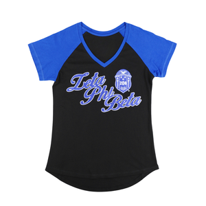 Zeta Phi Beta Sorority T-shirt à col en V Noir et bleu Manches raglan Vêtements de vie grecs T-shirt décontracté en coton doux Haut confortable - Product Image 1