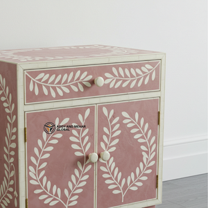 Mesita de Noche Artesanal con Incrustaciones de Hueso Rosa, Diseño Floral de Vid, con Cajón y Gabinete - Product Image 2
