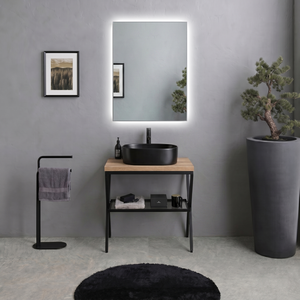 Mobile bagno da terra Koricini Manchester 60 cm con supporto in metallo, piano in rovere naturale e specchio LED - Product Image 1