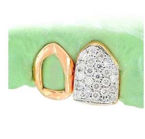 Bijoux de piercing fin à 2 dents en or 18 carats avec double fenêtre personnalisée Grillz et pierre de moissanite à face ouverte - Product Image 1