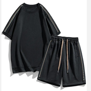 Top qualité été deux pièces hommes ensemble court 100% coton hommes Baggy ensembles courts hommes haut et short ensemble - Product Image 2