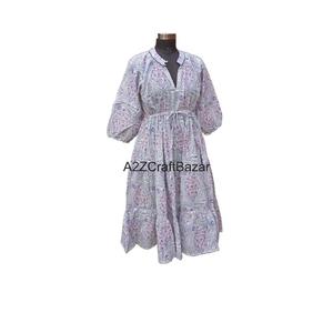 Women's Summer Boho Style Long Sleeve Midi Dress Handmade Block Printed Floral Pure Cotton V-Neck Daily Loose Fit Natural Waist - Product Image 5