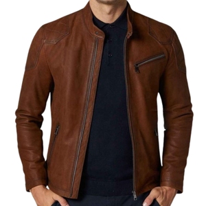 Chaqueta de motorista de cuero marrón con estilo para hombre, camisa estilo cuello y puños, dobladillo abierto, chaqueta de cuero totalmente personalizada para hombre - Product Image 3
