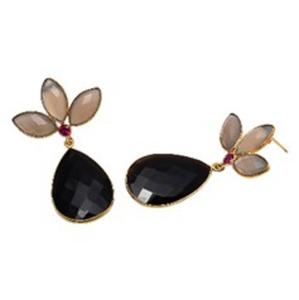 New Arrival Black Onyx & Grey Chalcedony Gemstone 925 Sterling Silver Marquise and Pear Shape Earrings - Product Image 1