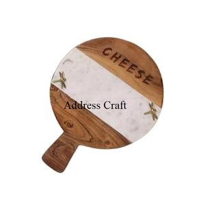 Tabla de quesos de mármol y madera de alta calidad, herramientas de cocina de madera de mármol multifuncional, bloques de cortar de forma redonda con mango largo - Product Image 3