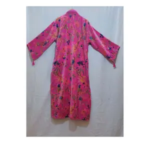 PINK Bird print velvet Long Kimono Beach Wear Dress Gift For Her Handmade Cover up Bath Robes Velvet Bride Robe Wedding Kimono