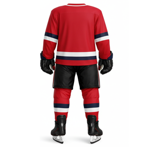 ชุดยูนิฟอร์มฮ็อกกี้น้ำแข็ง เสื้อเจอร์ซีย์สีแดงล้วน พร้อมแถบสีน้ำเงินกรมท่าและสีขาวแนวนอน ชุดกีฬาสำหรับผู้ชาย - Product Image 2
