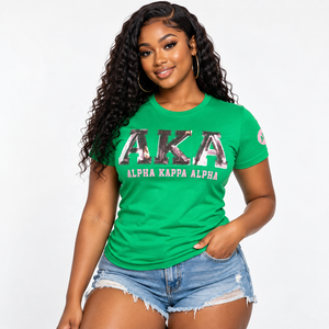 Camiseta Personalizada con Lentejuelas Verdes, Ropa de Hermandad Griega, Prenda Casual de Moda para Mujer, Algodón Premium, Manga Corta - Product Image 1