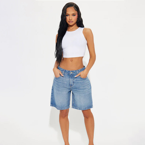 Shorts Vaqueros Clásicos Azules Sólidos de Cintura Alta, Transpirables y de Secado Rápido para Mujer, Cómodos, Holgados y Elegantes con Bolsillos para Actividades al Aire Libre - Product Image 1