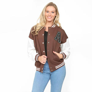 Chaqueta Universitaria Personalizada para Mujer, de Lana, con Mangas de Cuero, Parches Bordados de Chenilla, Chaqueta Bomber Universitaria con Letras para Mujer - Product Image 1
