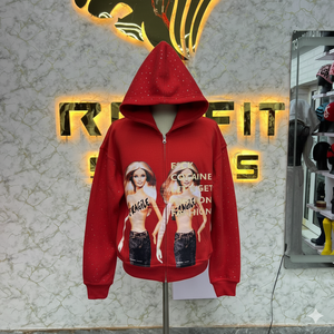 เสื้อฮู้ดมีซิปสีแดงสำหรับผู้ชายเสื้อฮู้ดพิมพ์ลายโลโก้ตามสั่ง - Product Image 5