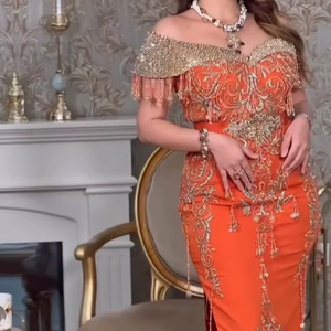 Impresionante hermoso bordado en vestido de karakou naranja con cuentas de cristal adornadas, piedra, trabajo Dabka para boda = 2024 - Product Image 1