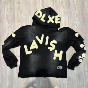 Sudadera con capucha extragrande y corta de 400 GSM, teñida lisa con lavado ácido, con parche bordado desgastado, tendencia invierno 2026 - Product Image 2