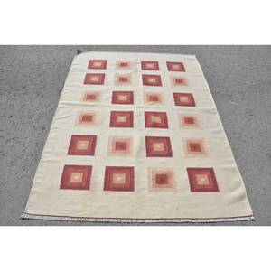 Modern Vintage Turkish Rug Large Area 4.5 X 6.1 ft Beige <b>Red</b> Abstract Pattern <b>Wool</b> Material 10mm Thickness Latex for Hallway - Product Image 1