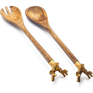 Juego de cubiertos de madera decorativos de mesa con extremo de latón Cuchara hecha a mano y juego de Spork Utensilios de cocina hechos de madera natural - Product Image 1