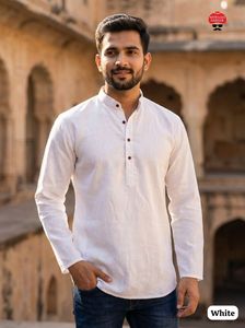 Vêtements pour hommes, prêt-à-porter, kurta court en lin khadi avec motif de boutons en bois, pour toutes les occasions et célébrations, kurta décontracté - Product Image 5