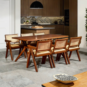 Modern Ash Wood 7-Piece Dining Set Pierre Chair Walnut Leather <b>Cushioned</b> Seat Rattan <b>Back</b> Home Furniture for Villa Hotel - Product Image 2