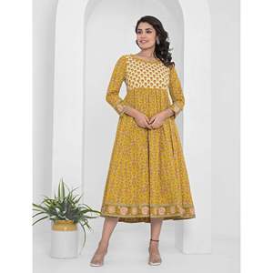 Vestido Anarkali Largo de Algodón Color Mostaza con Estampado Étnico y Otros Accesorios Étnicos - Product Image 1