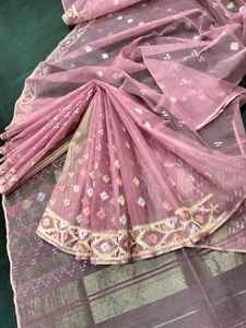 Exclusivo Deshi Dhakai Jamdani Sharee precio barato para las mujeres JAMDANI tela azul rojo verde cielo azul de Bangladesh - Product Image 3