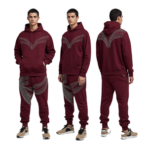 Ensemble de survêtement de luxe en molleton de coton avec strass, coupe ample, couleur bordeaux, le plus vendu - Product Image 2