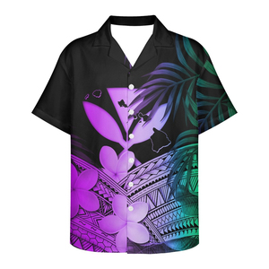 Chemise hawaïenne à manches courtes pour homme avec imprimé floral et tribal violet, coupe classique, vêtement décontracté, imprimé par sublimation, 100 % polyester - Product Image 3