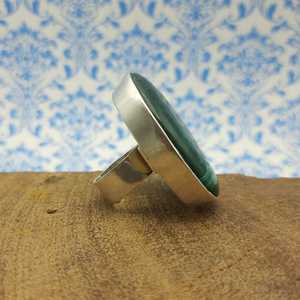 Elegant Simple <b>Silver</b> Bohemian Artisan <b>Ring</b> <b>Chunky</b> Natural Malachite Cabochon Diamond Pearl Designs Bezel Setting for Weddings - Product Image 4