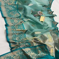 Sari de Seda Banarasi Kora 100% Puro Hecho a Mano con Borde de Seda Mashru Meenakari y Buti Tejido, Sari de Seda Tradicional para Novia