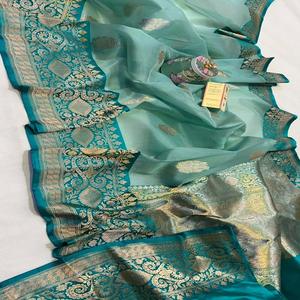 Sari en soie organza Banarasi Kora 100% authentique, unique, tissé à la main, magnifique bordure en tissage Mashru, protection solaire, séchage rapide - Product Image 1