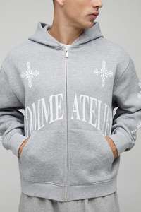 เสื้อฮู้ดแบบมีซิปของผู้ชายผ้า400gsm สีเทาเฮเทอร์ผ้าฝ้ายโอเวอร์ไซส์พิมพ์ลายโลโก้สำหรับทุกเพศ - Product Image 2