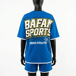 Conjunto Premium de Camiseta y Pantalones Cortos de Algodón Terry de 240 GSM, con Logotipo Impreso en Azul, Panel en Contraste, Conjunto de Pantalones Cortos Personalizados - Product Image 6