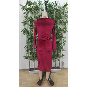 Vestido Midi de Terciopelo para Mujer, Manga Larga, Cuello Cruzado, Cintura Fruncida, 27721 - Rojo - Product Image 5