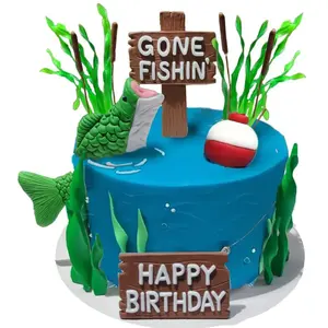 Adorno para Pastel de Pesca Estilo Dibujos Animados con Letrero de Feliz Cumpleaños de Pez - para Pasteles con Temática de Pesca - Product Image 1