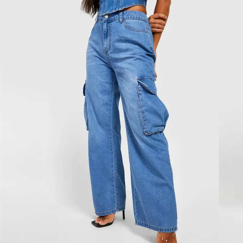 Alta calidad Petite Loose fit cargo jeans pantalones para mujer marca personalizada multi-Bolsillo holgado Denim jeans al por mayor