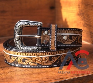 New Western Stylish Real Genuine Hand Tooled <b>Leather</b> Floral Paint Designer <b>Belts</b> High Quality Handmade <b>Leather</b> Unisex Waist <b>Belt</b> - Product Image 1