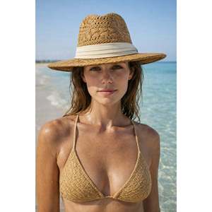 Straw Fedora Camel <b>Hat</b> with <b>Flat</b> Band, Summer Model HSR2116 - HSR2116-CAMEL - Product Image 1