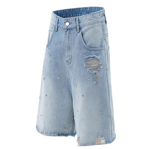 Shorts Vaqueros Cortos de Mezclilla Desgastados con Pedrería para Verano, Estilo Casual Holgado con Lavado Ácido - Product Image 3