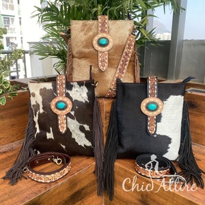 Haute qualité 2025 mode sac à franges en cuir repoussé à la main pour femmes peau de vache concepteur Floral Turquoise pierre sacs à main - Product Image 1