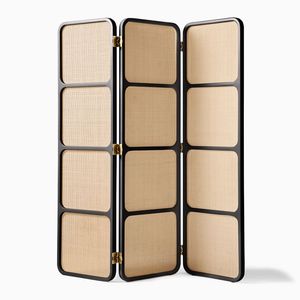 Paravent de séparation de pièce en rotin tressé moderne minimaliste, cadre en métal noir, pliable, pour salon, bureau - Product Image 1