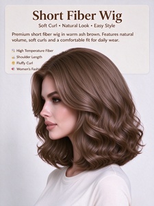 Short Ash Brown Fiber <b>Wig</b> Soft Curl <b>Synthetic</b> Hairpiece Natural Hairline Glueless Shoulder Length for Daily Wear - Product Image 2