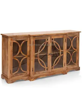 Antique Wooden Four Doors Glass Door Buffet Mango Wood Natural Finish Storage Cabinet For Kitchen Handmade Bulk Product