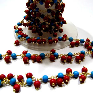 Smooth Coral Turquoise Plain Round Ball Beaded 3mm Cluster Dangling Wire Wrapped Chain - Product Image 1