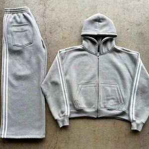 Sweat à capuche zippé et pantalon de survêtement décontracté pour homme, en molleton 100% coton de haute qualité, respirant, brodé, coupe oversize, collection automne - Product Image 1