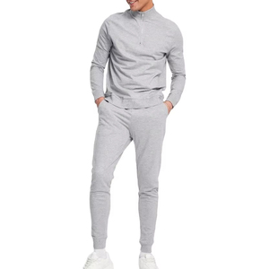 Haute qualité 100% coton hommes fermeture éclair à manches longues polo pantalon ensemble personnalisé décontracté hiver survêtement en français éponge blanc - Product Image 1