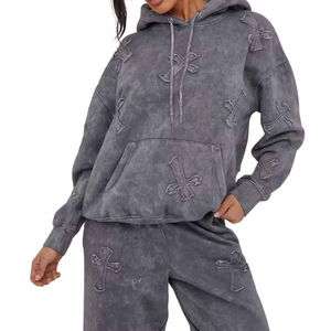 Ensemble sweat-shirt et jogging décontracté à capuche en coton 100% imprimé, écologique, unisexe, vintage, délavé à l'acide, col rond - Product Image 1