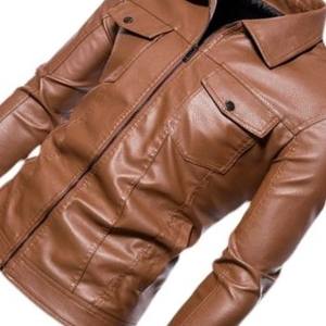 Chaqueta de cuero PU auténtica informal de otoño para hombre con solapa de negocios con cremallera fina de lona hinchada con tinte estampado - Product Image 5