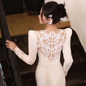 בד סאטן אלגנטי קומה/שמלת כלה חצוצרה עם תחרה ושרוולים ארוכים בתוספת גודל זמין - Product Image 5