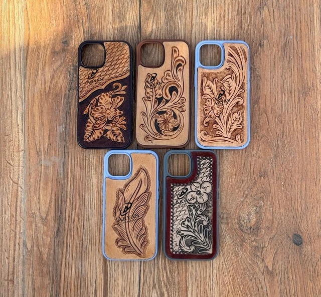 Trendy Western Genuine Leather iPhone Case Cowgirl Tooled Leather Phone Case for iPhone Compatible Model 13 14 & 15 Phone Cases