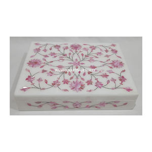 Rectangular Shape <b>White</b> Marble Pink Mother Of Pearl Inlay Jewellery <b>Boxes</b> Handmade Flower Design Used For Home Decor And <b>Gifting</b> - Product Image 1